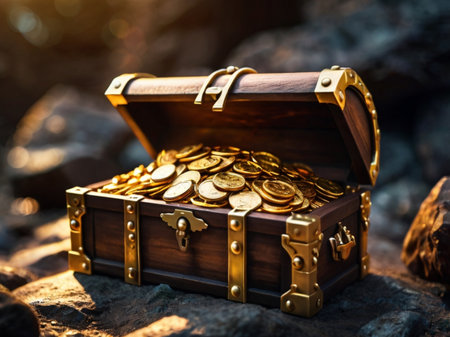 Treasure chest full of gold coins on the background of nature.の素材