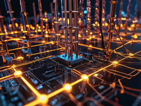 Circuit board with microchips and connections. 3d renderingの素材