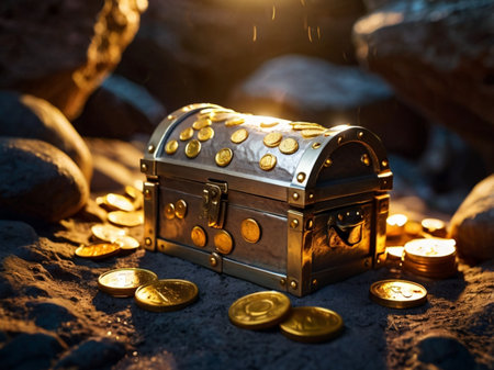 Treasure chest with gold coins on a stone background, treasure concept.の素材