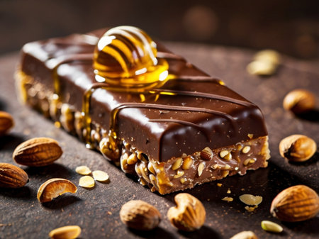 Chocolate bars with nuts and honey on a dark background. Selective focus.の素材