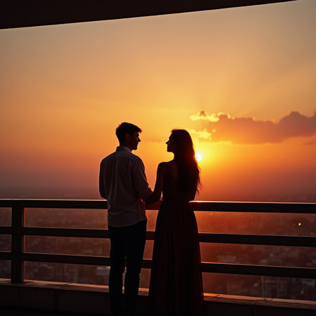 Silhouette of a loving couple standing on the balcony at sunsetの素材