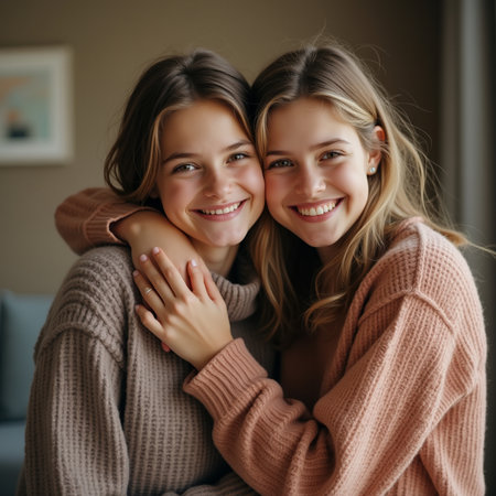 Portrait of two smiling teenage girls hugging and looking at camera at homeの素材