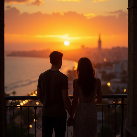Silhouette of a young couple looking at the sunset over the cityの素材