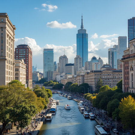 View of the Chicago River and skyscrapers.の素材