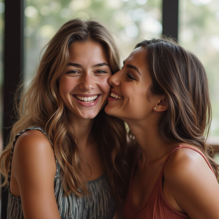 Portrait of two beautiful young women smiling and looking at each otherの素材