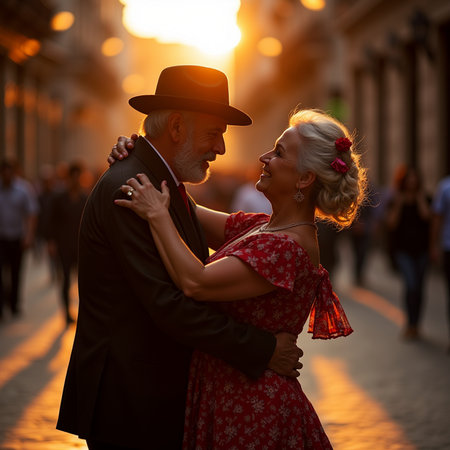 Couple in love dancing tango in the city at sunset.の素材