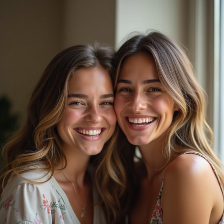 Portrait of two beautiful young women smiling and looking at camera.の素材