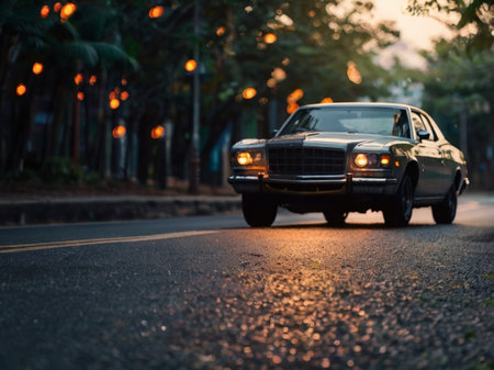 Classic car on the road in the evening, vintage style picture.の素材