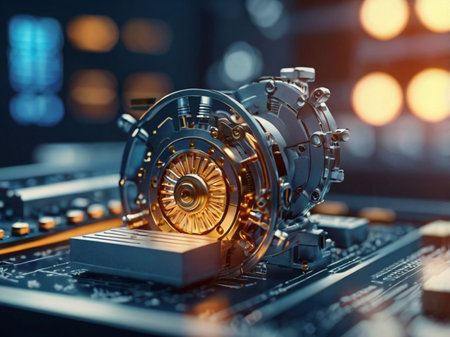 Close-up of electric motor on the circuit board. 3d renderingの素材