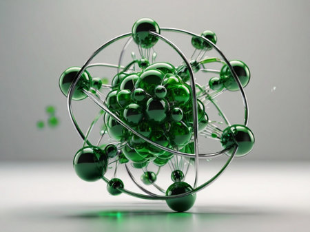 Molecular model of green color on gray background. 3d renderの素材