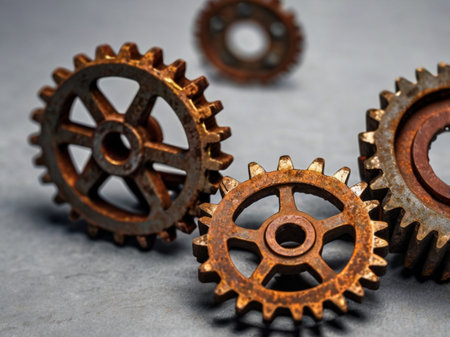 Group of old rusty gears on gray background. Selective focus.の素材