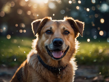 Portrait of a golden retriever dog in the park at sunsetの素材