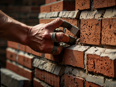 Worker builds a brick wall. Close-up of a bricklayer's hand.の素材