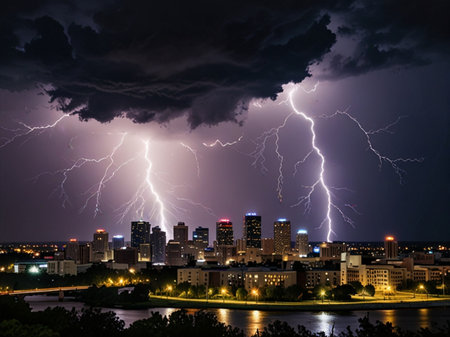 Lightning strikes the city at night, thunderstorm over the cityの素材