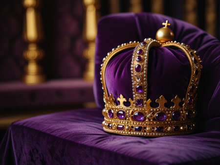 King crown on purple velvet sofa. Luxury royal interior. Selective focus.の素材
