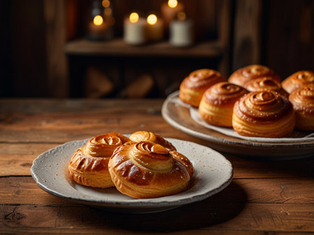 Sweet buns with raisins and cinnamon on a wooden backgroundの素材