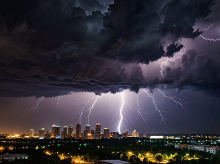 Thunderstorm over the city, lightning strikes in the night sky.の素材