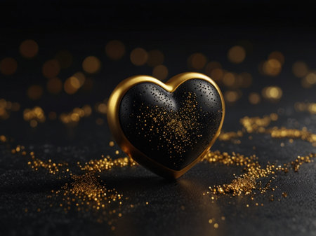 Black heart with golden glitter on dark background. Valentine's day conceptの素材