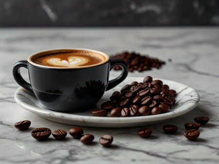 Cup of coffee with latte art and coffee beansle backgroundの素材