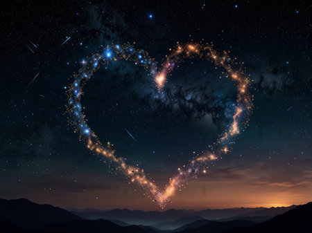Heart shape on the background of the night sky with stars and nebulaの素材