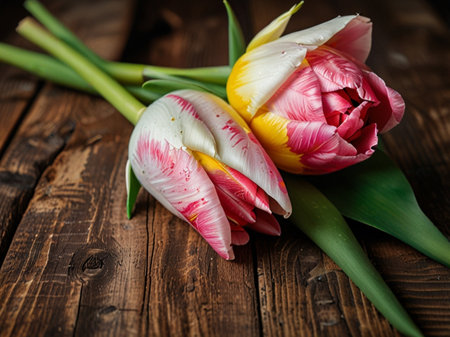 Tulips on a wooden background with space for your text.の素材