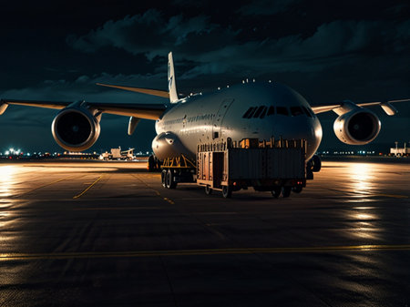 Airplane on the runway in the airport at night. 3d renderingの素材