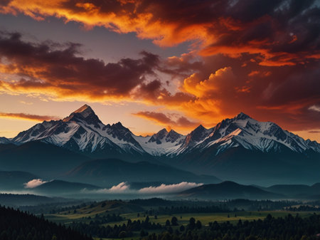 Mountain landscape at sunset. Peaks of the Caucasus Mountains, Russiaの素材