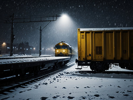 Freight train on the railway station at night under heavy snowfall.の素材