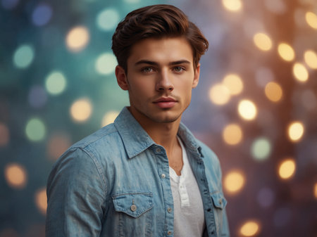 Handsome young man in jeans shirt on bokeh backgroundの素材