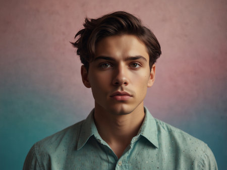 Portrait of a handsome young man in blue shirt looking at cameraの素材