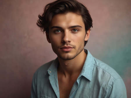 Portrait of a handsome young man in blue shirt looking at cameraの素材