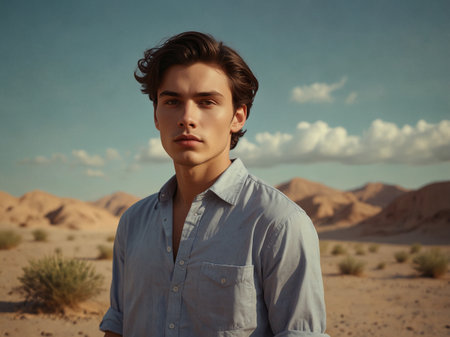 Handsome young man in the desert. Men's beauty, fashion.の素材