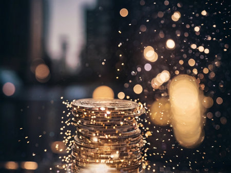 Double exposure of coins stack with bokeh light background, business and finance concept idea.の素材