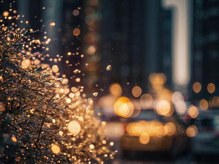 Christmas background with snowflakes, bokeh and cityscapeの素材