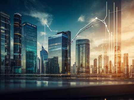 Cityscape and financial chart on the modern building background. Double exposureの素材