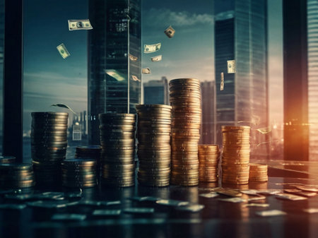 Double exposure of coin stacks and cityscape background, business and finance concept idea.の素材