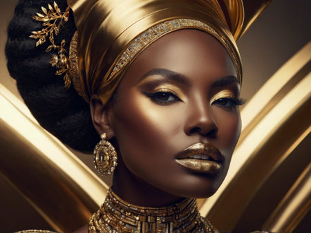 Portrait of a beautiful African woman with gold jewelry. Luxury black skin.の素材