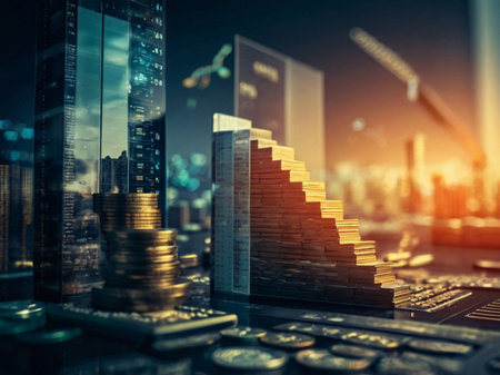Double exposure of coin stack and graph on table, business growth conceptの素材