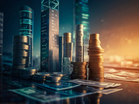 Double exposure of coin stack with cityscape and building, business and finance concept idea.の素材