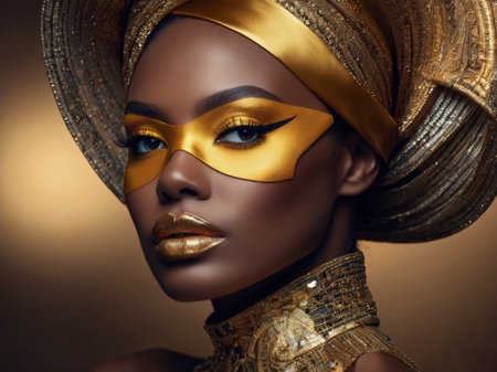Portrait of a beautiful African woman with gold make-up and hatの素材