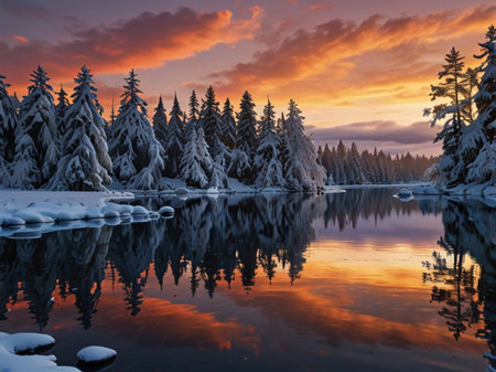 Beautiful winter landscape with lake frozen and snow covered trees at sunsetの素材