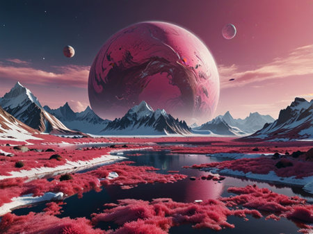 Alien Planet - 3D Rendered Computer Artwork. Rocks and lakeの素材