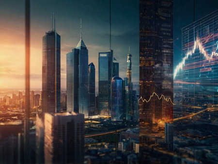 Double exposure of skyscrapers and forex graph. Business conceptの素材