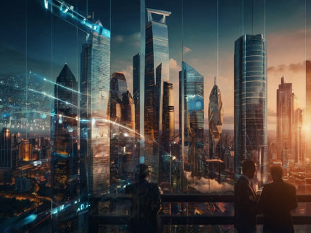 Double exposure of skyscrapers and modern city at night. Business conceptの素材