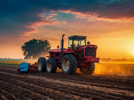 Tractor with seeder on field at sunset. Tractor preparing land for sowing.の素材