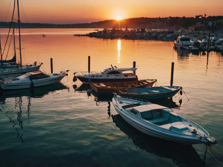 Boats in the marina at sunset, Sardinia, Italyの素材