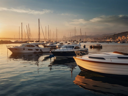 Yachts and boats in the marina at sunset, Italyの素材