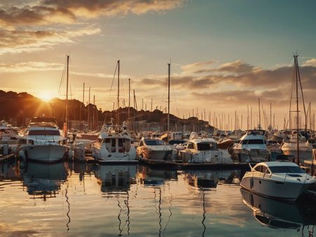 Yachts and boats in the marina at sunset, Spainの素材