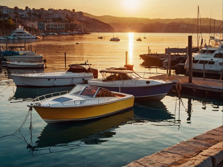 Boats in the harbor at sunset, Crete, Greece.の素材