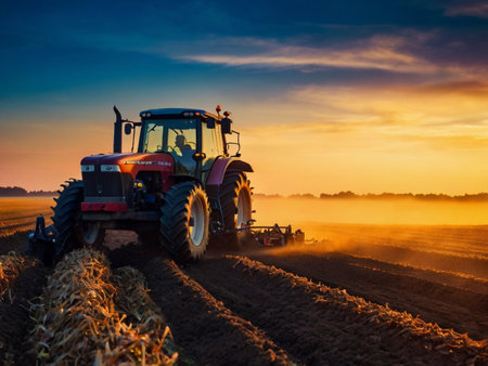 Farmer in tractor preparing land with seedbed cultivator at sunsetの素材